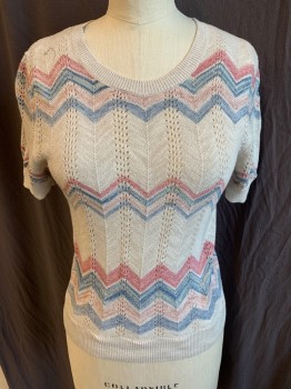 Womens, Pullover, MOTH, Oatmeal Brown, Dk Red, Brown, Sea Foam Green, Midnight Blue, Cotton, Rayon, Zig-Zag , S, (DOUBLE) Oat Meal with Heather Dark Red, Brown, Sea Foam & Midnight Blue Zig-zag Pattern, Ribbed Knit Round Neck, Short Sleeves Cuffs & Hem
