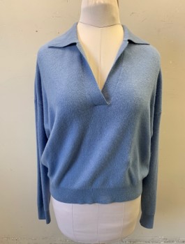 Womens, Pullover, CLUB MONACO, Periwinkle Blue, Cashmere, Solid, M, Knit, Long Sleeves, V-neck with Collar Attached