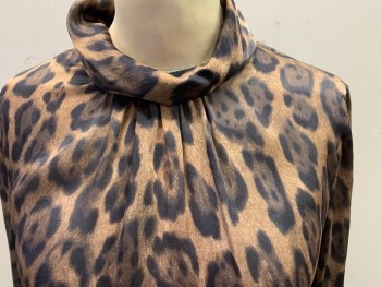 Womens, Blouse, CAROLINA HERRERA, Brown, Black, Silk, Animal Print, 4, Pullover, Gathered at Neck, High Draped Collar, Keyhole Back Neck, Long Sleeves, Button Cuff *barcode in Neck*