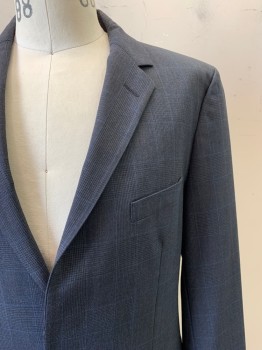 Mens, Suit, Jacket, HUGO BOSS, Black, Charcoal Gray, Blue, Wool, Plaid, 40R, 2 Buttons, Single Breasted, Notched Lapel, 3 Pockets