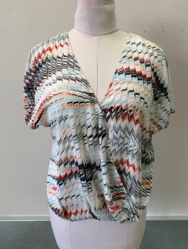 Womens, Blouse, TROUVE, White, Black, Slate Blue, Orange, Gray, Polyester, Abstract , M, V-N, Surplice, Snap Button, S/S, Triangle Cut Out Back