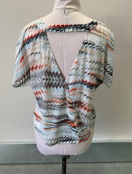 TROUVE, White, Black, Slate Blue, Orange, Gray, Polyester, Abstract , V-N, Surplice, Snap Button, S/S, Triangle Cut Out Back