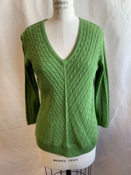 Womens, Pullover, AMBER SUN, Olive Green, Cotton, Silk, Solid, Cable Knit, S, V-neck, Diagonal Cable Knit, Long Sleeves, Ribbed Knit Waistband/Cuff