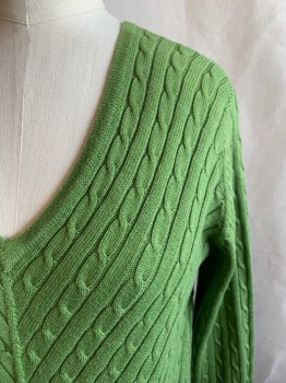 Womens, Pullover, AMBER SUN, Olive Green, Cotton, Silk, Solid, Cable Knit, S, V-neck, Diagonal Cable Knit, Long Sleeves, Ribbed Knit Waistband/Cuff