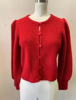 Womens, Cardigan Sweater, J CREW, Red, Acrylic, Wool, Solid, XS, Ribbed Knit, 3/4 Bishop Poofy Sleeves With Fitted Wrists, Button Front, Round Neck
