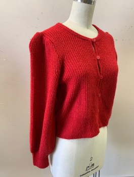 Womens, Sweater, J CREW, Red, Acrylic, Wool, Solid, XS, Ribbed Knit, 3/4 Bishop Poofy Sleeves With Fitted Wrists, Button Front, Round Neck