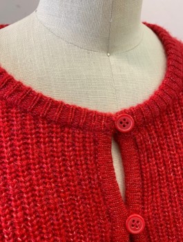 J CREW, Red, Acrylic, Wool, Solid, Ribbed Knit, 3/4 Bishop Poofy Sleeves With Fitted Wrists, Button Front, Round Neck