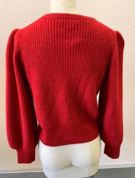 Womens, Cardigan Sweater, J CREW, Red, Acrylic, Wool, Solid, XS, Ribbed Knit, 3/4 Bishop Poofy Sleeves With Fitted Wrists, Button Front, Round Neck