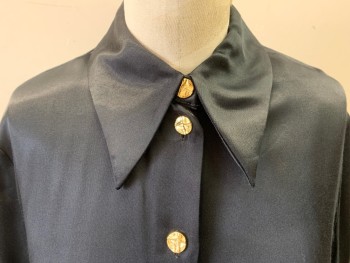 Womens, Blouse, ZARA, Black, Viscose, Solid, M, Long Sleeves, Button Front, Gold Metal Buttons, Flaired Cuff with Raw Edge, Long Collar Points