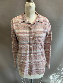 Womens, Blouse, CURRENT ELLIOT , White, Coral Orange, Gray, Blue-Gray, Plaid, 0, L/S 1 Breast Pocket Button Down Collar