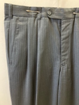 N/L, Charcoal Gray, Wool, Pinstripe, Pleated Front, Zip Front, Belt Loops, 4 Pckts,