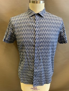 Mens, Casual Shirt, SLATE & STONE, Navy Blue, White, Cotton, Geometric, XL, Repeating Arrows Pattern, Short Sleeves, Button Front, Collar Attached, No Pockets