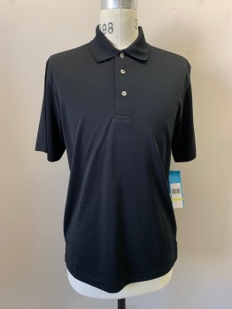PGA TOUR, Black, Polyester, Solid, Black Polo, Collar Attached, Half Placket, Short Sleeves