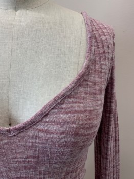 Womens, Top, URBAN OUTFITTERS, Mauve Pink, Polyester, Elastane, Heathered, XS, V-N, L/S, Ribbed, MULTIPLES