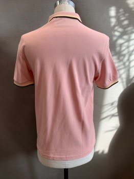FRED PERRY, Pink, Cotton, Collar Attached, 1/4 Button Front, Short Sleeves, Black & Yellow Trim