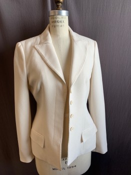 ANNE KLEIN, Off White, Polyester, Cupro, Solid, Jacket- 4 Buttons Down Front, Peaked Lapel, 2 Pockets, 4 Buttons Cuff