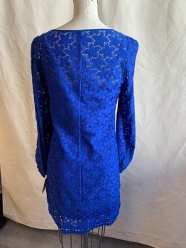 Womens, Dress, Long & 3/4 Sleeve, LAUNDRY, Primary Blue, Nylon, Spandex, Floral, 0, Round Neck, Long Sleeves, Elastic Cuffs, Lace, Full Slip Attached, Pullover