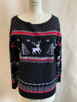 Womens, Pullover, LIL BETTER, Black, White, Red, Viscose, Nylon, Holiday, B38, S, L/S, Boat Neck, Snow, Reigndeer, Trees, Christmas