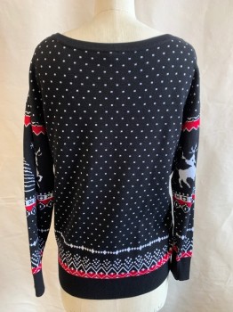Womens, Pullover, LIL BETTER, Black, White, Red, Viscose, Nylon, Holiday, B38, S, L/S, Boat Neck, Snow, Reigndeer, Trees, Christmas