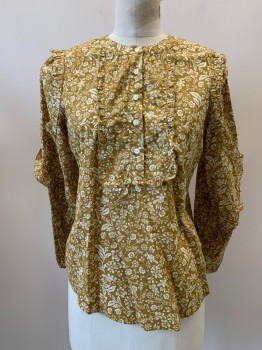 J. CREW, Ochre Brown-Yellow, White, Cotton, Floral, L/S, Crew Neck, 4 Buttons, Ruffle Trim,