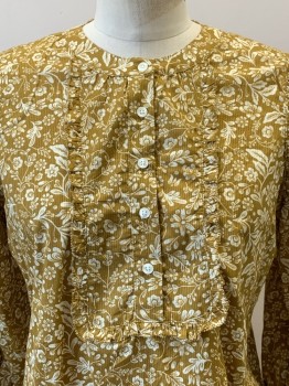 J. CREW, Ochre Brown-Yellow, White, Cotton, Floral, L/S, Crew Neck, 4 Buttons, Ruffle Trim,