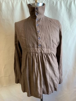 MTO, Brown, Linen, Solid, 1/2 Button Front, Oversized Collar with 2 Buttons,  Long Sleeves, Button Cuff, Gathered at Bib, *small Stain Spot on Front*
