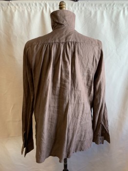 Mens, Historical Fiction Shirt, MTO, Brown, Linen, Solid, 36, 16.5, 1/2 Button Front, Oversized Collar with 2 Buttons,  Long Sleeves, Button Cuff, Gathered at Bib, *small Stain Spot on Front*
