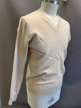 Mens, Pullover Sweater, BANANA REPUBLIC, Khaki Brown, Brown, Wool, Leather, Solid, L, L/S, V-N, Brown Leather Elbow Patches