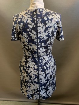 FRENCH CONNECTION, Navy Blue, Off White, Black, Rayon, Spandex, Floral, S/S, Round Neck, Side Pockets, Back Zipper,