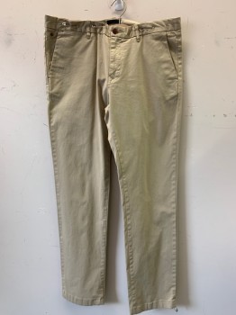 Mens, Casual Pants, SCOTCH + SODA, Khaki Brown, Cotton, Solid, 34/32, F.F, Side Pockets, Zip Front, Belt Loops