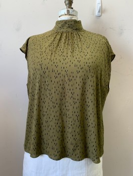 Womens, Blouse, N/L, Olive Green, Black, Polyester, Abstract , XL, Mock Neck, S/S, Back Buttons, Keyhole Back,