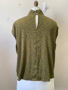 Womens, Blouse, N/L, Olive Green, Black, Polyester, Abstract , XL, Mock Neck, S/S, Back Buttons, Keyhole Back,