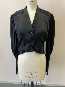 UNGARO, Black, Silk, Satin, Sheer Lace & Beading On Yoke, V-N, B.F., Pleated @ Waist, Waistband, L/S, Wide Cuffs