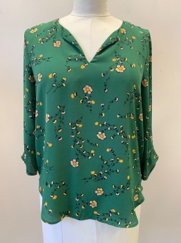 DR2, Green, Yellow, Beige, Black, Polyester, Floral, L/S, V Neck, Pleated Back