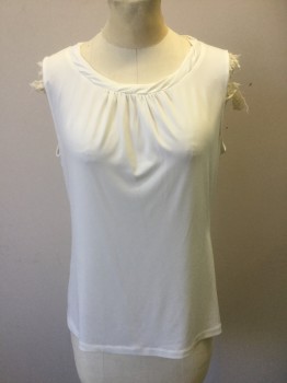 TAHARI, Cream, Polyester, Solid, Poly Jersey, Scoop Neck with Self Twisted Band. Gathered at Front Neckline. Sleeveless