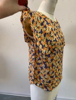 Womens, Top, N/L, Multi-color, Orange, Purple, Beige, Green, Rayon, Floral, S, Sheer Chiffon, Oversized Collar/Flutter Sleeves, Pullover, Scoop Neck