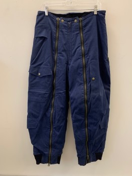 MTO, Navy Blue, Cotton, Solid, Zip Fly, Cargo Pants, Zippers Down Sides Of Hips And Front Of Legs, 6 Pckts,