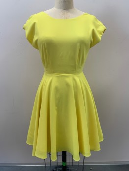 BLAQUE LABEL, Yellow, Polyester, Spandex, Solid, Cap Sleeves, Round Neck, Low Cut Back, Pleats, Flared, Back Zip,