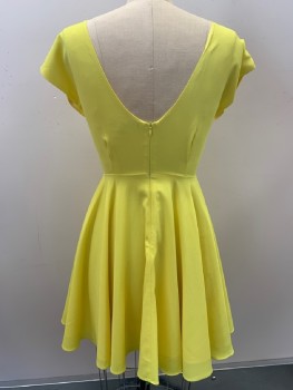 BLAQUE LABEL, Yellow, Polyester, Spandex, Solid, Cap Sleeves, Round Neck, Low Cut Back, Pleats, Flared, Back Zip,