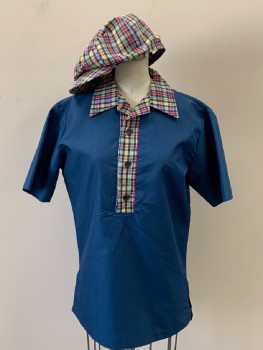 ANGELICA, Navy Blue, Red, Yellow, Green, White, Polyester, Cotton, Solid, Plaid, Shirt, C.A., B.F., Plaid Collar & Placket, 3 Button, S/S, Side Slits, Plaid Newsboy Cap, Multiples