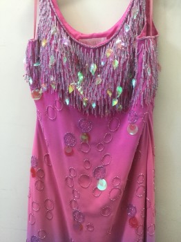 Womens, Evening Gown, GOLDEN MOUNTAIN, Pink, Lt Blue, Hot Pink, Polyester, Beaded, Ombre, 10, Scoop Neck with Beaded Tassle Trim Neckline with Iridecent Leaf Payettes. Sleeveless. Circular Bead Detail on Dress