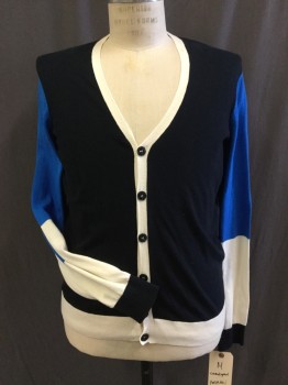 Mens, Cardigan Sweater, ARMANI JEANS, Navy Blue, Royal Blue, Cream, Cotton, Color Blocking, M, V-neck, Button Front,