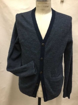 Mens, Cardigan Sweater, J CREW, Navy Blue, Navy Blue, Tan Brown, Wool, Suede, Heathered, M, V-neck, Button Front, Suede Elbow Patches, Heather Navy with Solid Navy Trim