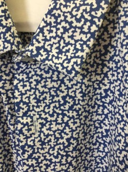 TOPMAN, Royal Blue, White, Cotton, Abstract , Button Front, Short Sleeve,  Collar Attached, Amoeba-like Print