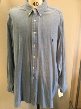 RALPH LAUREN, Lt Blue, Cotton, Solid, Button Down Collar, Button Front, Long Sleeves, Very Light Weight Chambray Lined with Red, White and Blue Down Home Plaid