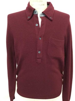 Mens, Pullover Sweater, BROOKS BROTHERS, Wine Red, Wool, Solid, M, 4 Button Packet, Button Down Collar, 1 Patch Pocket