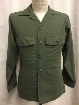 NO LABEL, Olive Green, Cotton, Solid, Long Sleeves, Button Front, Collar Attached, Military Shirt, Chest Pockets