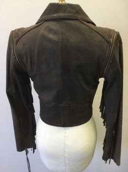 Womens, Leather Jacket, SARA BERMAN, Dk Brown, Leather, Solid, Small, Motorcycle Jacket Style, Double Breasted with Zipper, Leather Fringe, Zipper Edging on Collar and Lapel, Removable Sleeves By Zipper, Lined in Animal Print