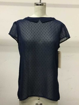 FRENCHI, Navy Blue, Polyester, Polka Dots, Peter Pan Collar, Swiss Dots, Cap Sleeves, Button Back,
