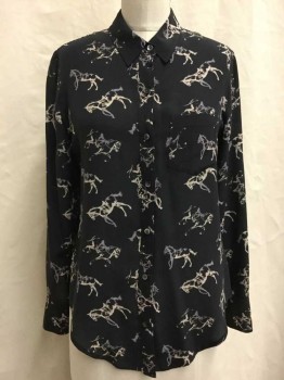 Broadway & Broome, Black, Beige, Gray, Silk, Animal Print, Button Front, Collar Attached,  Long Sleeves, Horse Print, 1 Pocket,